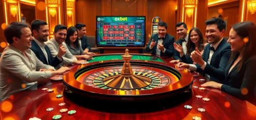 Engaged players enjoying the oxbet game at a vibrant roulette table in a luxurious casino setting.