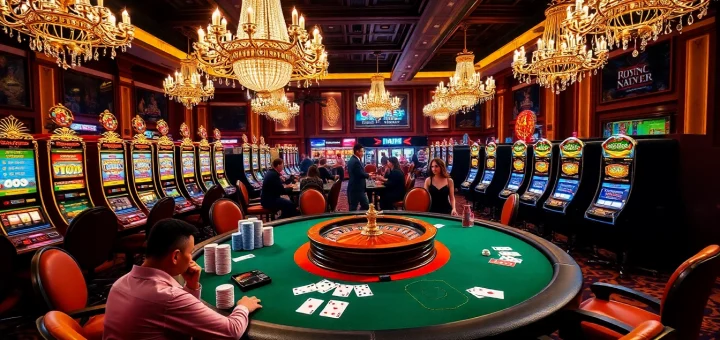 Experience the excitement of the meilleur site de casino en ligne with vibrant gaming tables and slot machines.