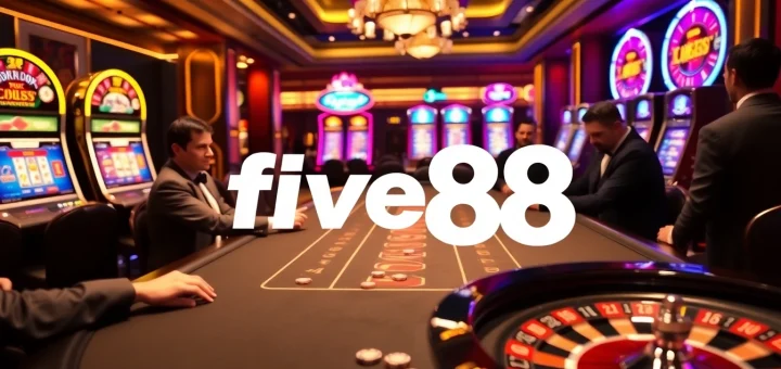 Experience the thrill of five88 at a luxurious casino poker table with vibrant slot machines.
