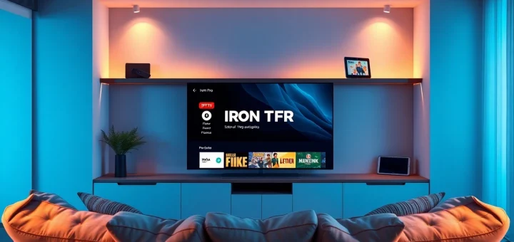 Iron TV Pro displayed on a modern Smart TV in a cozy living room, showcasing entertainment options.