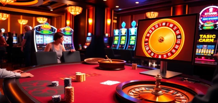 Engage with the thrilling atmosphere at rr88 link, showcasing a vibrant casino scene with poker chips and a roulette wheel.