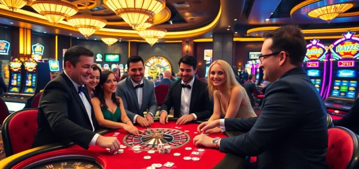Players enjoying games at a nouveau casino en ligne 2026, featuring poker tables and vibrant atmosphere.