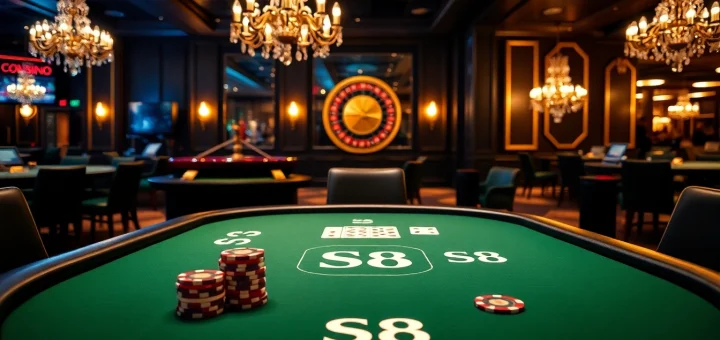 Experience the thrill of gambling with S8 at a glamorous casino table filled with chips and cards.
