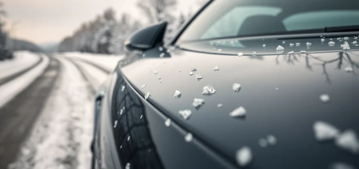Protecting vehicles with PPF winter road salt protection by showing a glossy film on a sleek car.