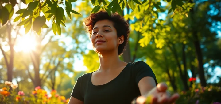 Generate awareness about mental health tips through peaceful meditation in nature.