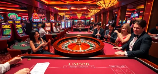 Gamblers at a vibrant casino showcasing CM88 gaming excitement with a spinning roulette and colorful slot machines.